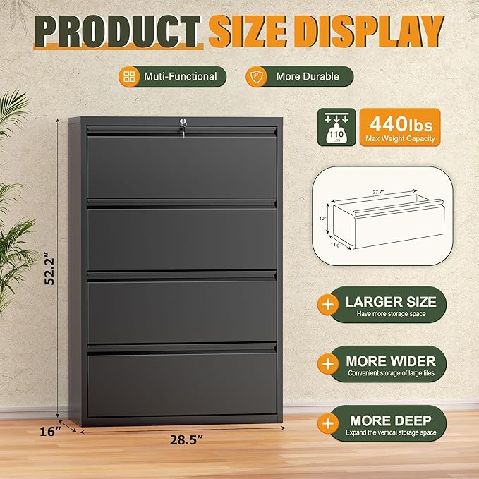 Greenvelly Lateral File Cabinet 4 Drawer, Lockable Metal Filing Cabinet for Home Office, Black Metal File Cabinet with Lock for Legal/Letter/A4/F4 Size with Hanging Bars&Key
