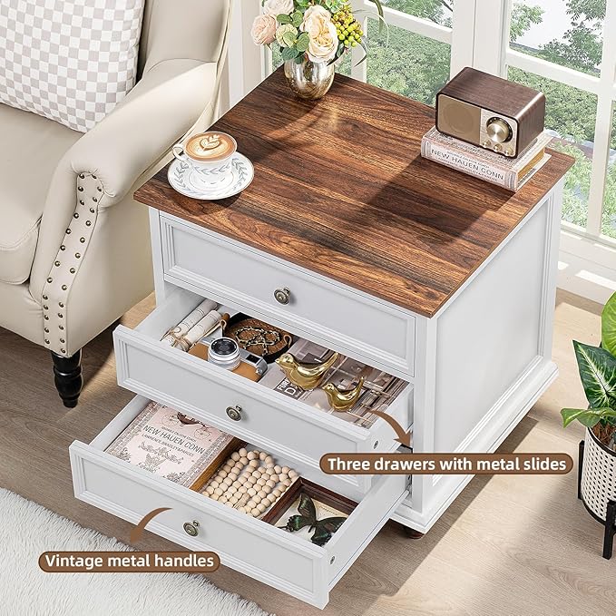 24" Wide Farmhouse Night Stand,Large End Table with 3 Drawers & Metal Handle,Wood Dresser for Bedroom, White Bed Side Table Chest of Drawers Cabinet,Nightstand for Living Room,Closet
