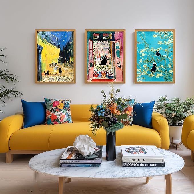 FASWQ Whimsical Black Cat Wall Art, Van Gogh Matisse Picasso Wall Decor, Funny Bathroom Canvas Paintings, Cute Animal Aesthetic Pictures for Living Room Kids' Room Wood Framed Ready to Hang 12"x16"x3