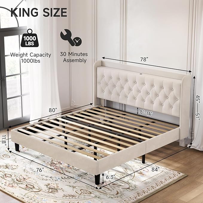 koorlian King Bed Frame, Velvet Adjustable Upholstered Platform Bed Frame with Type-C&USB Ports, Wingback Storage Headboard, Noiseless, Beige