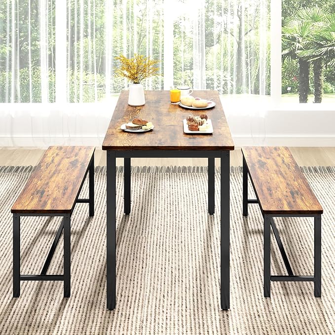 Rovibek 43" Dining Table Set for 4, Modern Space Saving Kitchen Breakfast Table with Benches & Adjustable Feet, Wooden Industrial Style Farmhouse, Brown