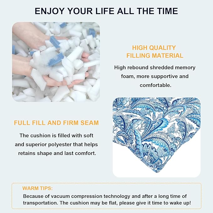 Set of 2 Outdoor Tufted Chair Cushions 19"x19"x4", Water Repellent Patio Seat Cushions with Ties, Replacement Chair Pads for Wicker Dining and Patio Furniture - Monotone Leaves Blue