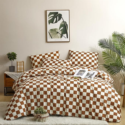 Pumpkin White Checkered Comforter Queen Set Brown Checkered Bedding Set Soft Cozy Checker Comforter Set Queen Size 3Pcs All-Season Comforter Women Men