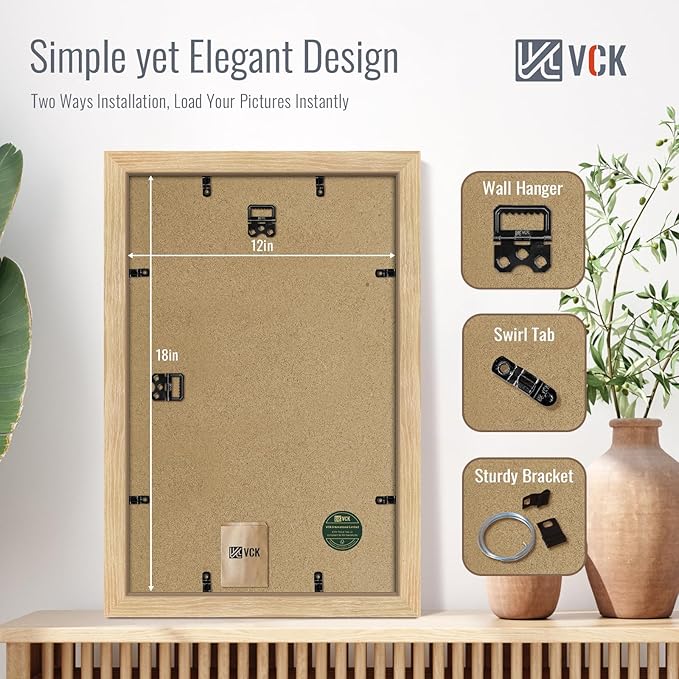 VCK 12x18 Poster Frame Set of 4 - Oak, Gallery-Quality Wood Picture Frames, 1.1-Inch Wide Border, Polished Plexiglass, Vertical or Horizontal Wall Display for Photo/Art/Prints, Natural Oak