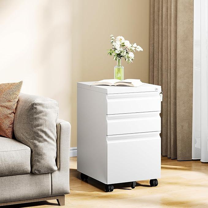MIIIKO White Filing Cabinet 3 Drawers on Wheels Under Desk, Metal Rolling File Cabinet with Lock for Home Office, Small Mobile File Cabinet for Letter Legal File Folders, Un-Assembled