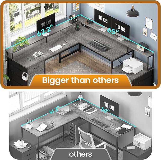 SEDETA L Shaped Desk with 6 Drawer, 108" Home Office Desk with File Drawer & Power Outlet, Corner Computer Desk with Monitor Shelf, Two Person Desk, Gaming Desk with Led Lights, Grey