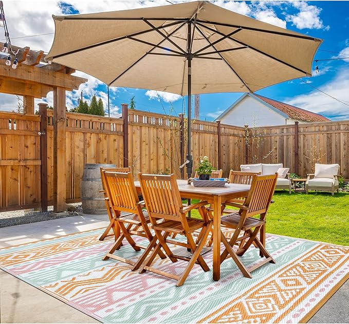 Lahome Outdoor Rug 8x10 Patio Waterproof, Reversible Outdoor Plastic Straw Rug for Camping, Large RV Outdoor Rugs Outside, Outdoor Carpet for Porch Deck Backyard Picnic(Pink/Orange,8'x 10')