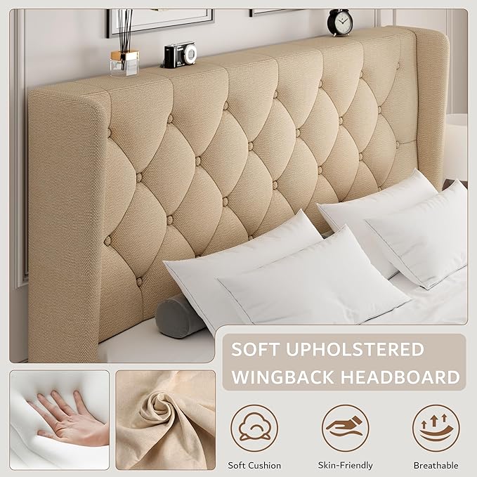 iPormis Queen Platform Bed Frame with Button Tufted Headboard, Upholstered Bed Frame with Solid Wooden Slats, 8" Under-Bed Space, No Box Spring Needed, Easy Assembly, Noise Free, Beige