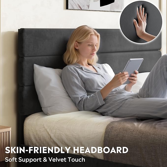 WLIVE Queen Size Upholstered Bed Frame with 4 Drawers and Velvet Square Tufted Headboard, Sturdy Metal & Wooden Slats Support, No Box Spring Needed, Easy Assembly, Black