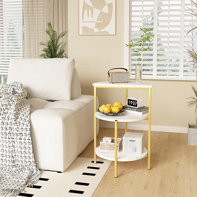 AWQM Marble Side End Table, 3-Tier Sofa Side Table,Small Round Coffee Table Bedside Table, Corner Table w/Metal Frame for Living Room Bedroom, White+Gold