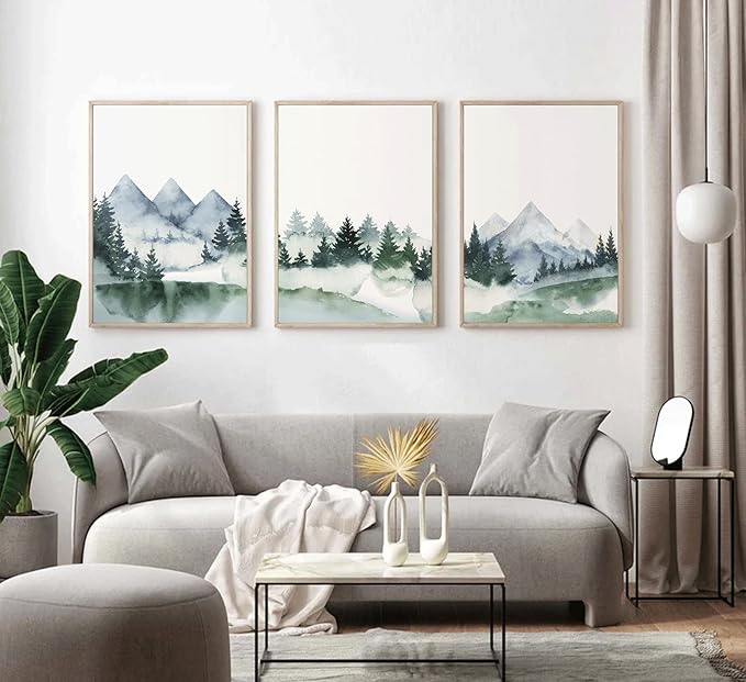 3 Pcs Modern Mountains Canvas Wall Art Green Watercolor Misty Pine Forest Nature Minimalism Abstract Landscape Painting Picture Wall Decor Poster Print Artwork for Living Room Bedroom Office Unframed