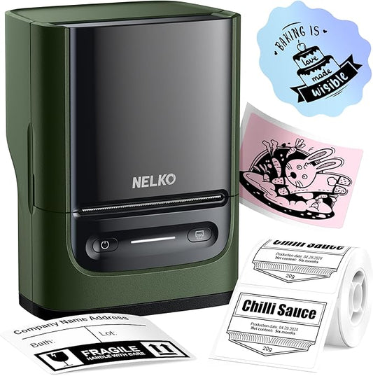 Nelko Label Maker Machine with Tape, PM220 Bluetooth Label Printer, 2 Inch Portable Thermal Printer for Small Business, Address, Logo, Clothing, Sticker Maker for Phones & PC, Deep Green