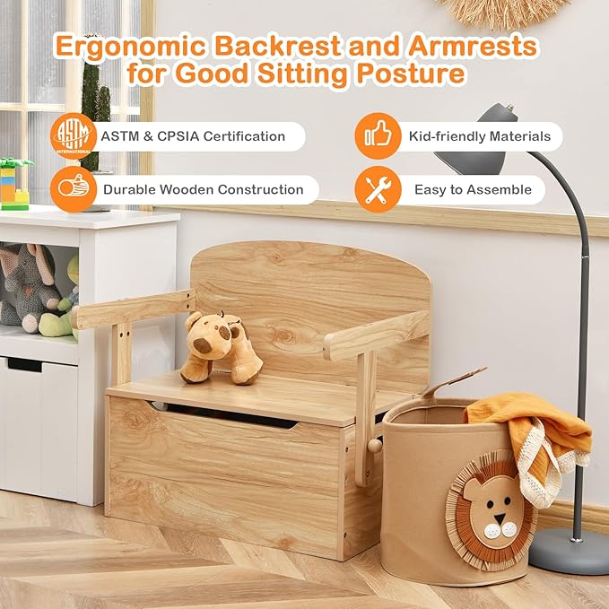 Costzon Kids Table and Chair Set, Convertible Toy Storage Bench with Built-in Handle for Kindergarten, Preschool, Kids Room, Playroom, Wood Reading Nook for Toddler Boys Girls Ages 3 to 7 (Natural)