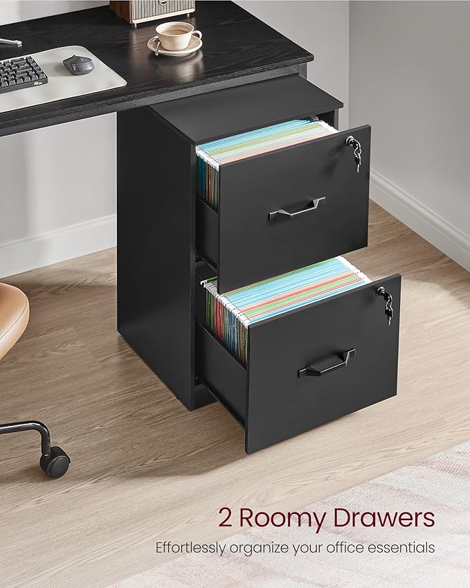 VASAGLE 2 Drawers File Cabinet with Lock, Printer Stand, Office Filing Cabinet Organizer, for A4 and Letter Size Documents, Ink Black UOFC061B16