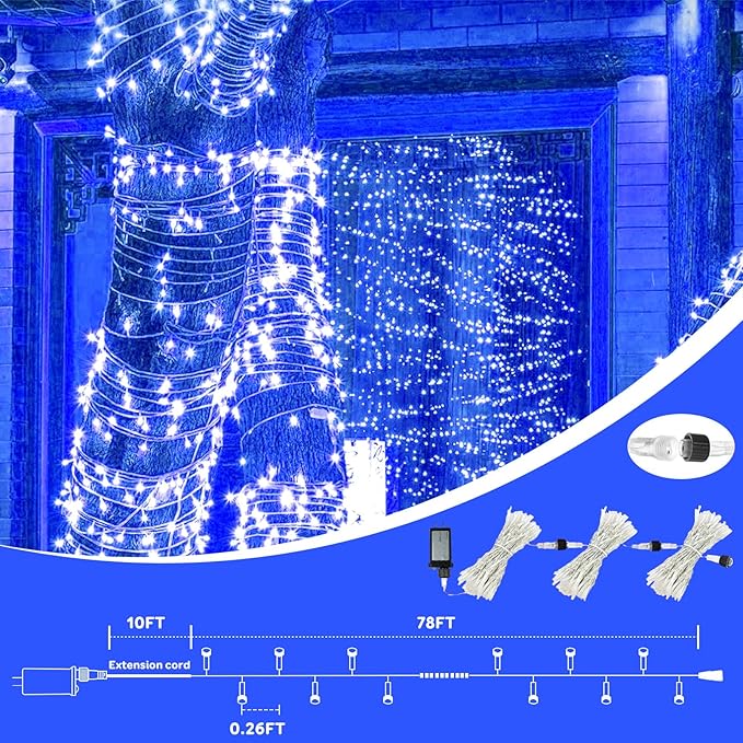 88FT 240LED Extra-Long Connectable String Lights Indoor Outdoor Clear Wire, Blue Christmas String Lights, Plug in Twinkle Fairy Light with Timer for Wedding Patio Tree Yard Christmas Decorations