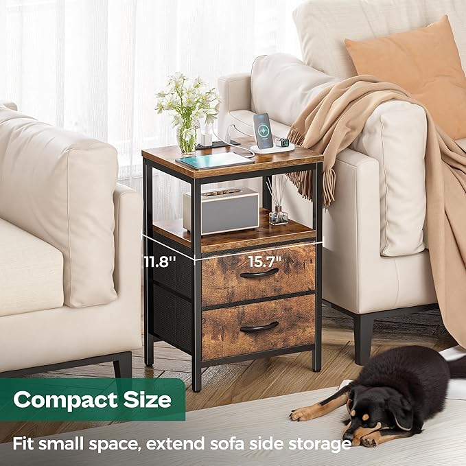 Huuger Nightstand with Charging Station, Fabric Drawers, End Table with Open Shelf, Bedside Table with USB Ports and Outlets, Night Stand for Bedroom, Rustic Brown