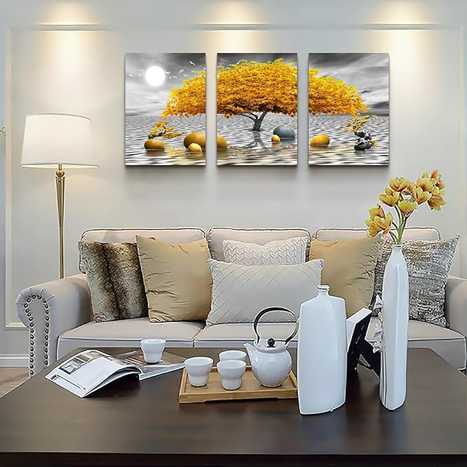 Wall decorations for living room Canvas Wall Art for bedroom Abstract wall decor Black and white Canvas Art Yellow tree paintings bathroom Home Decoration 3 Piece Hang Pictures Office Wall Artworks