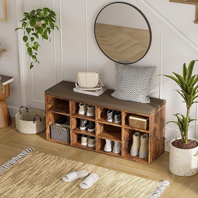 DINZI LVJ Shoe Storage Bench with Cushion, Cubby Shoe Rack with 12 Cubbies, Adjustable Shelves, Multifunctional Shoe Organizer Bench for Entryway, Mudroom, Hallway, Closet and Garage, Rustic Brown