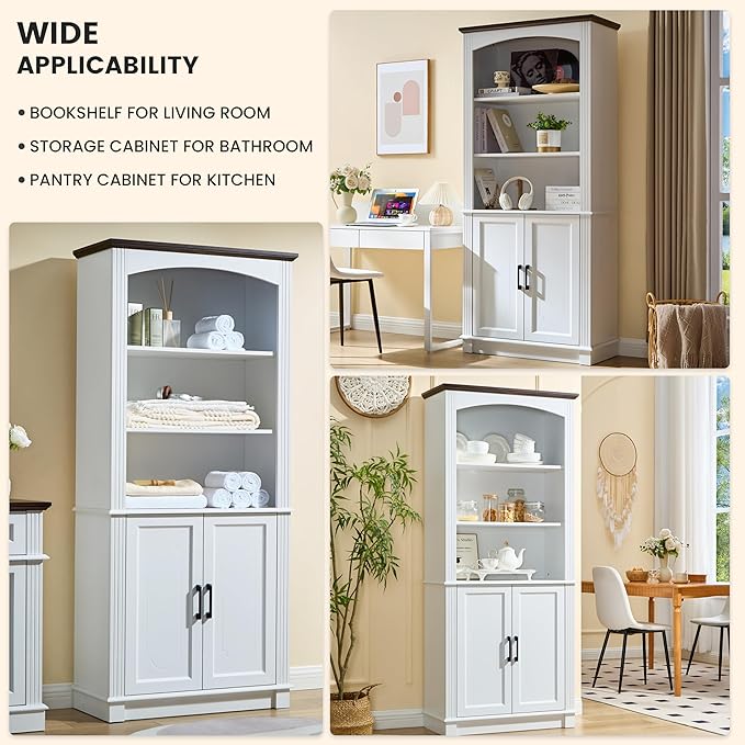 White 5 Tier Book Shelf and Bookshelf with Storage Cabinet Doors, 72 Inch Tall Bookcase, Wooden Cube Storage Organizer, Kids Bookshelf, Display Cabinet for Bedroom Furniture, Living Room, Pantry