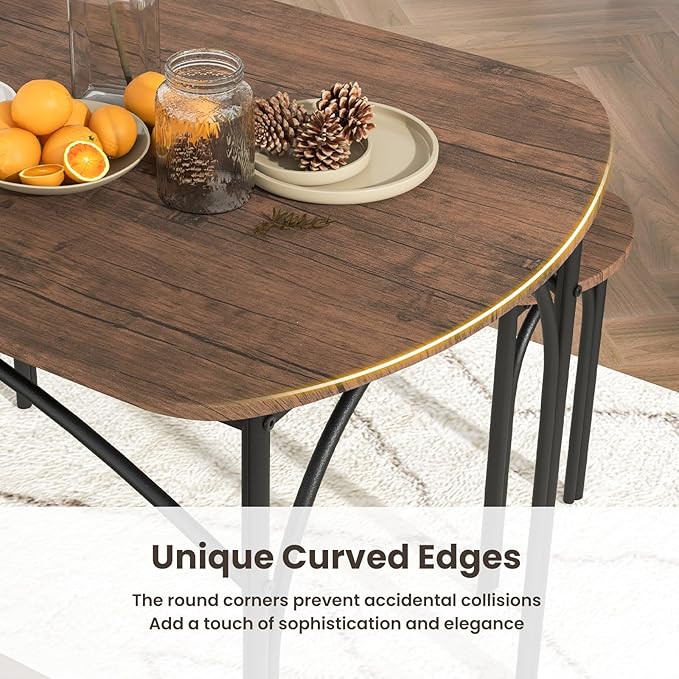 GOFLAME 3-Piece Dining Table Set for 4, Wooden Kitchen Table and 2 Benches Set with Metal Frame, Space-Saving Dinette Set for Living Room, Dining Room, Breakfast Nook, Small Space