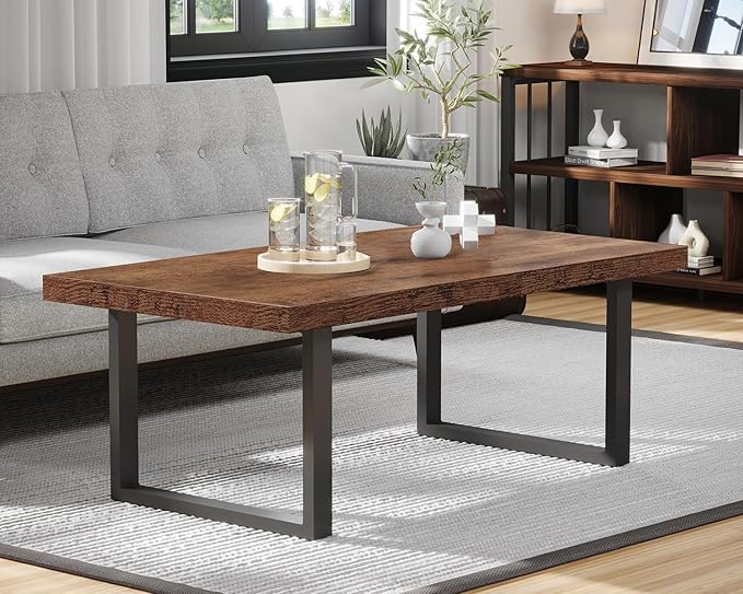 IBF Rustic Living Room Table, Simple Industrial Rectangle Coffee Table, Modern Minimalist Farmhouse Wooden Center Table, Wood and Metal Vintage Coffee Table for Bedroom Office, Rustic Brown, 47 Inch