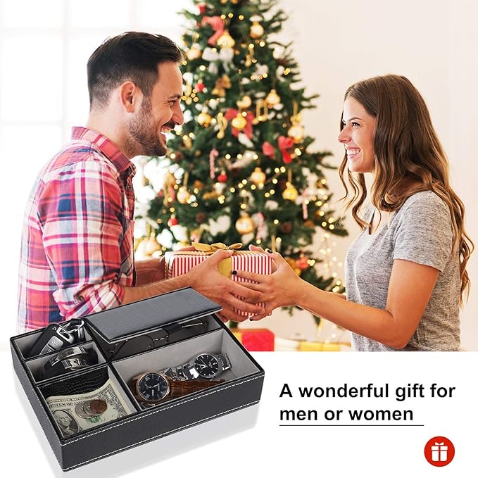 Baoyun Men's Valet Tray, Faux Leather Valet Box, EDC Catch All Tray, Dresser Top Nightstand Organizer with 5 Compartments for Smartphone, Keys, Wallet, Watch