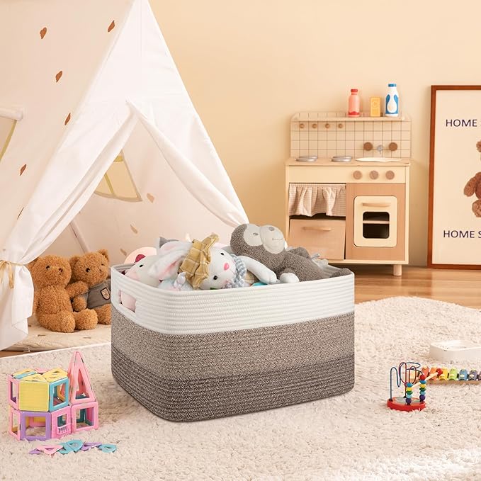 OIAHOMY Large Blanket Basket For Living Room, Rectangle Woven Baskets for Storage, Nursery Toy Storage With Handle-22”x17”x12”-Gradient Dark Brown