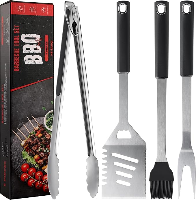 Griddle Accessories Kit - Grilling Accessories, Stainless Steel Heavy Duty Grill Tools Set with Spatula, Fork, Tongs, Brush and Gift-Box for Outdoor Barbecue, Home Grill (4PCS)