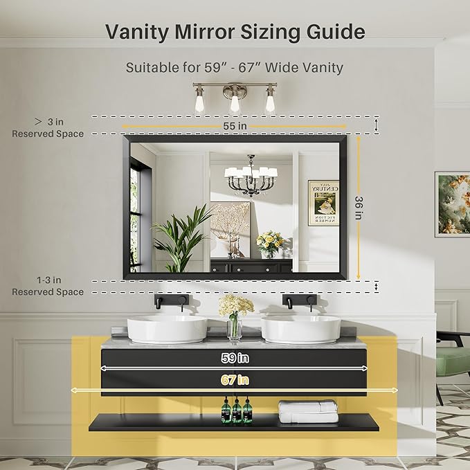 55x36 Inch Black Bathroom Mirror for Wall, Thick Metal Framed Rectangle Mirrors for Over Sink, Bedroom, Living Room, Entryway, Anti-Rust, HD Tempered Glass