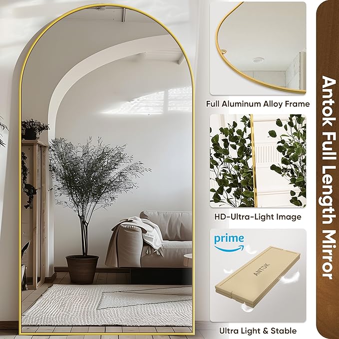 Antok Full Length Mirror, 71"x28" Floor Mirror with Stand, Hanging Mounted Mirrors for Bedroom, Living Room, Cloakroom, Dining Room, Gold, Arched
