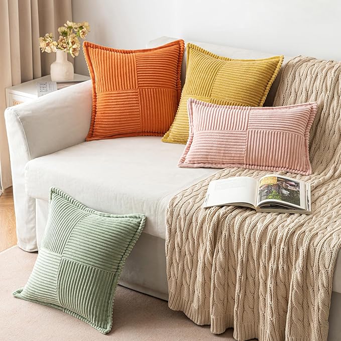 MIULEE Decorative Throw Pillow Covers for Couch Bed Livingroom 20x20 Inch Set of 2 Gold Boho Accent Throw Pllows Broadside Striped Patchwork Soft Corduroy Summer Pillowcases