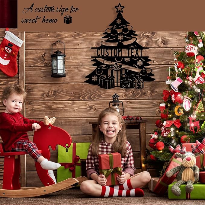 Personalized Christmas Tree Metal Sign, Custom Signs Outdoor Metal Wall Decor, Merry Christmas Tree Signs Wall Decoration for Home Living Room, Bedroom, Office, Garden, Porch