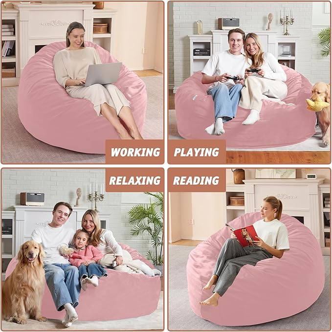 5FT Bean Bag Chair with Ultra Soft Velvet Cover Bean Bag Sofa with Memory Foam Bean Bag Chairs with Large Size Lazy Sofa for Dorm Office Living Room Bedroom Light Pink 5'