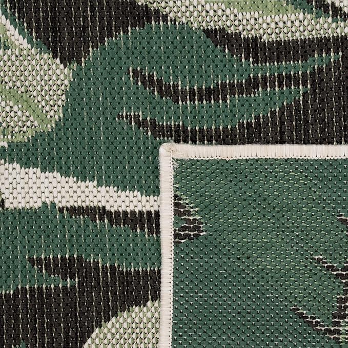 in- & Outdoor Rug Tropical Palm Leaf Design for Patio in Green Beige, Size: 6'7" x 9'6"