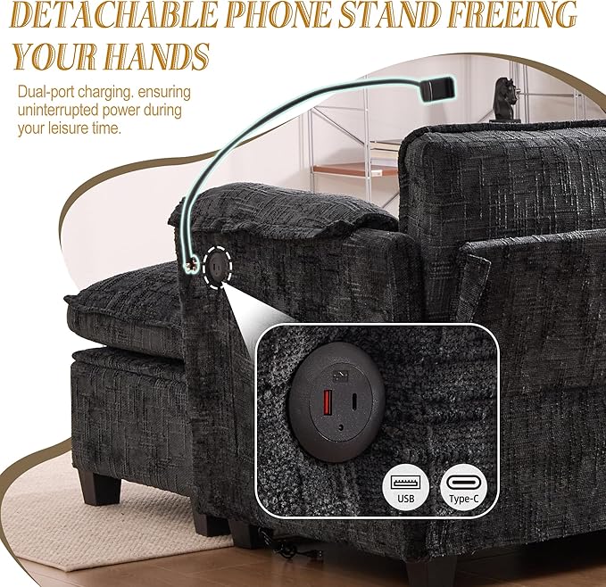 KEIKI 110" L-Shaped Boucle Modular Sectional Chenille Sofa with 1 Ottoman & Memory Foam Cushion & Phone Holder & USB, Upholstered Modern Oversized 4-Seater Couch, Easy Assembly, for Living Room, Black