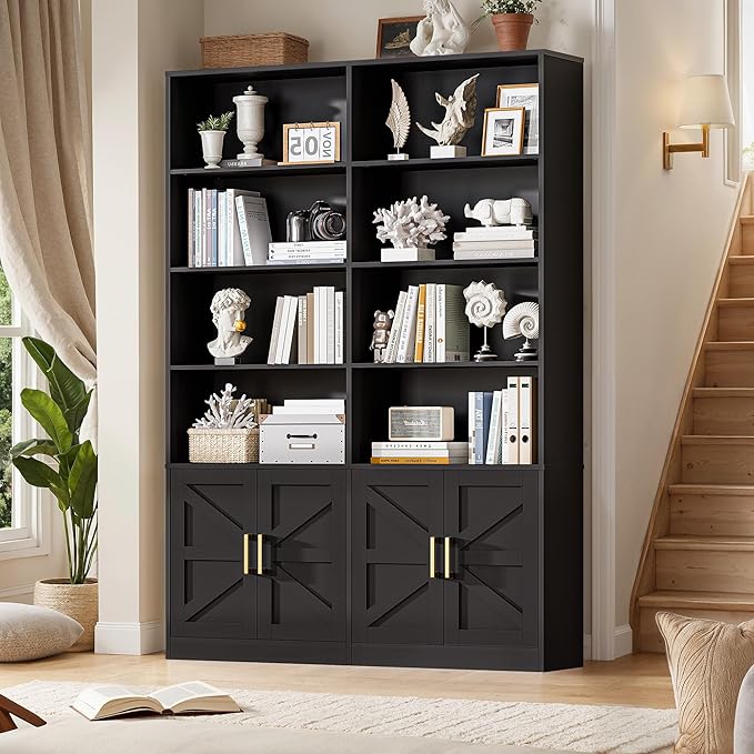 Farmhouse Bookshelves and Bookcases with 4 Doors, 6 Tier Large Book Shelf with Storage Cabinets, Standing Display Storage Shelves, 71” Tall Book Case for Living Room, Home Office, Black
