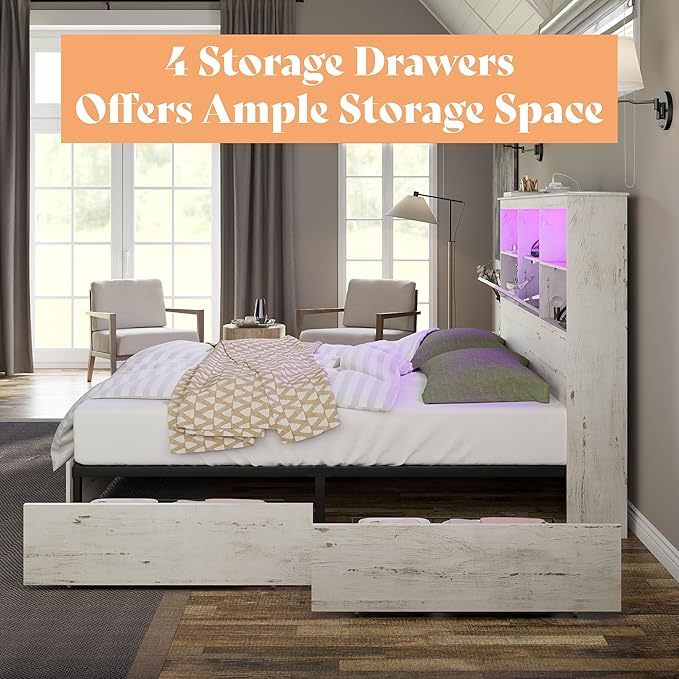 AMERLIFE Farmhouse King Size Bed Frame with 51.2" LED Storage Bookcase Headboard, Solid Wooden Platform Bed with 4 Drawers & Charging Station, Distressed White, No Box Spring Needed, Noise-Free