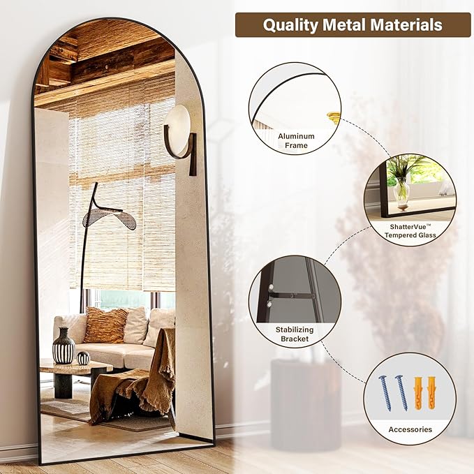24x68 Arched Full Length Mirror Floor Mirrors with Aluminum Alloy Frame Free-Standing Wall Mounted Floor Mirrors or Large Dressing Mirror, Black Mirror Full Length