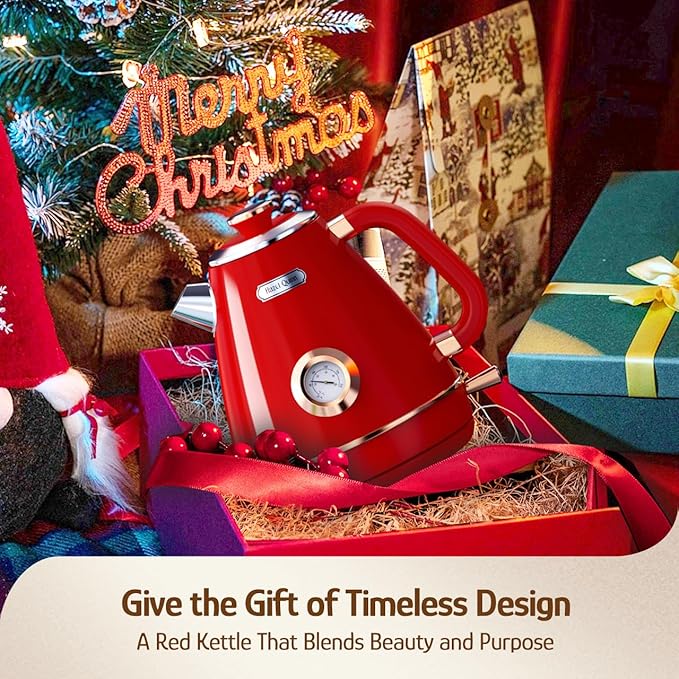 Hazel Quinn Retro Electric Kettle - 1.7 Liters / 57.5 Ounces Tea Kettle with Thermometer, All Stainless Steel, Fast Boiling 1200 W, BPA-free, Cordless, Rotational Base, Automatic Shut Off - Ruby Red