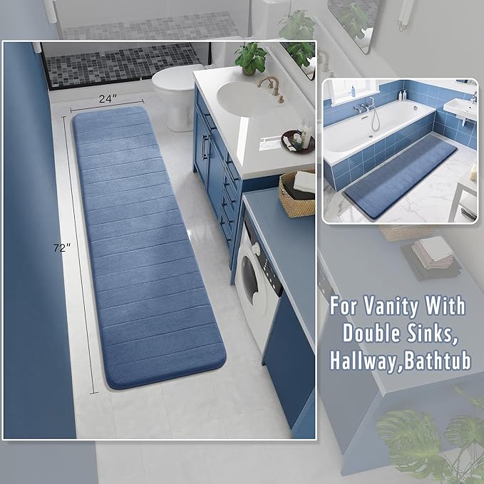 Yimobra Bathroom Runner Rugs 72"x24" Non Slip Washable Memory Foam Bath Mat, Super Soft Water Absorbent Hallway Carpet for Vanity Tub Shower, Denim Blue