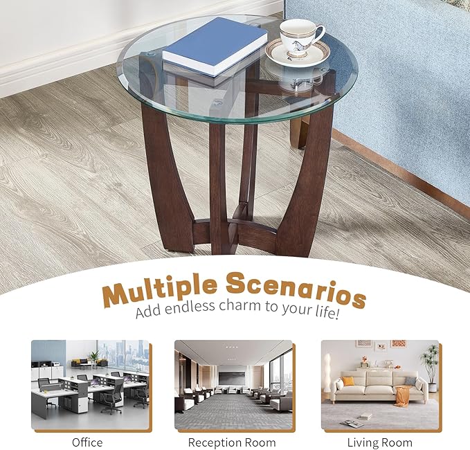 Glass End Table, 23.5" Round Side Tables with Tempered Glass Top Cross and Solid Wood Base Small Night Stand for Living Room Office Apartment Cherry