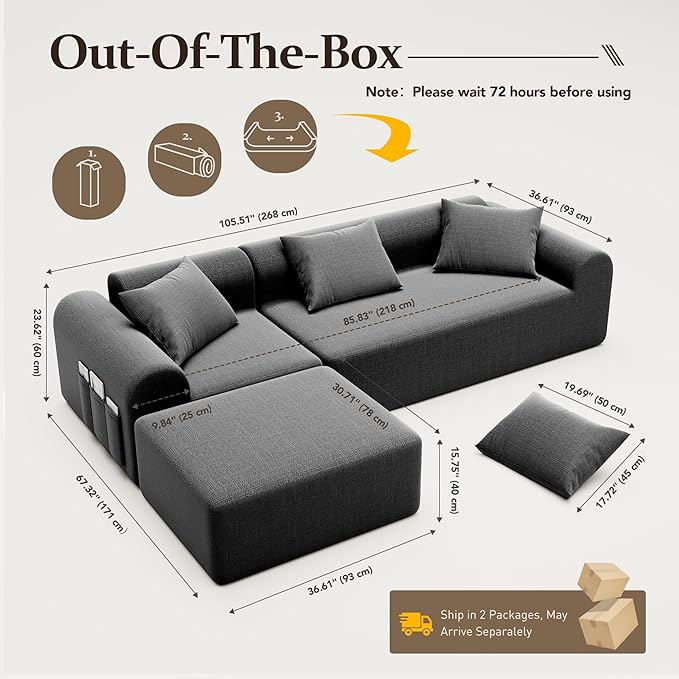 105.5” Cloud Boneless Sectional Sofa for Living Room, L-Shaped 4-Seater Modular Couch with Ottoman & 4 Pillows, Deep Seat Chenille Fabric Sofa, No Assembly, 72H Full Restore, Grey