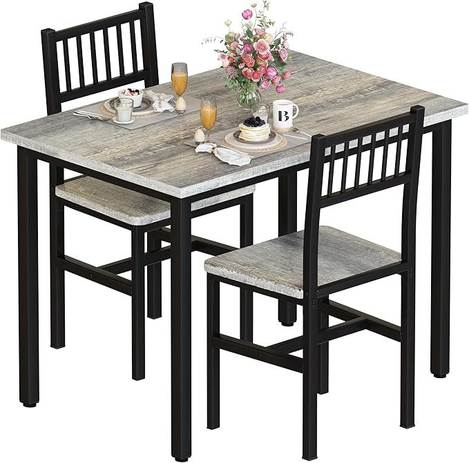 AWQM 3 Piece Dining Table Set for 2, Small Kitchen Table Set for 2 with Chairs,Wood Breakfast Nook Table and Chairs Set of 2,Dinette Set for Small Space,Dining Room,Apartment, Grey
