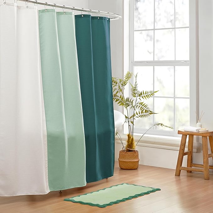 MONDAY MOOSE Bath Mat with Scalloped Wavy Ripple Design, Microfiber Absorbent Non Slip Tufted Rug for Floor, Shower or Kitchen (24x47 inch, Teal Green)