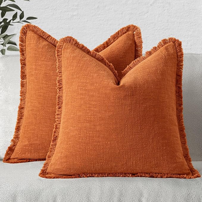 MIULEE Fall Decorative Throw Pillow Covers Neutral Linen Fringe Throw Pillows Euro Shams Set of 2 Orange Boho Farmhouse Cushion Covers for Couch Sofa Bed Living Room Spring Home Decor 22x22 Inch
