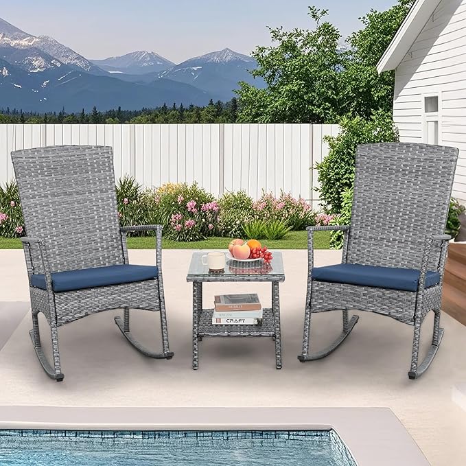Rocking Chair Outdoor 3 Pieces High-Backed Patio Rocking Chairs Bistro Table and Chairs Set of 2, Navy Blue