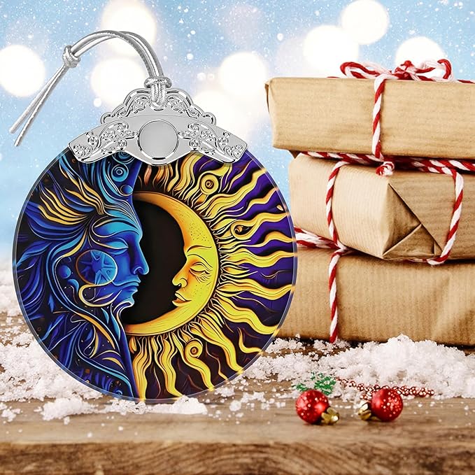Sun Moon Christmas Ornament - Stained Glass Hanging Decoration for Holiday Tree, Home Decor, Gift Exchange Idea - Sun and Moon Last Forever