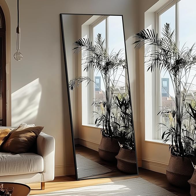 Delma Full Length Standing Mirror,Large Floor Mirror with Aluminum Frame for Bedroom, Bathroom, Living Room,Wall Mount or Freestanding Design(with Stand,Rect 75x35-Black)