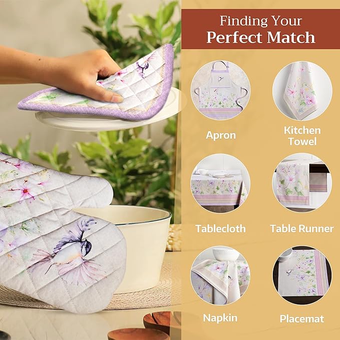 Maison d' Hermine 100% Cotton Oven Mitt & Pot Holder Set (7.5"x13" & 8"x8") Heat Resistant BBQ Cooking Gloves with Loop, Baking, Grilling, Kitchen, Handling Hot Pans Spring/Summer (Magnolia Mornings)