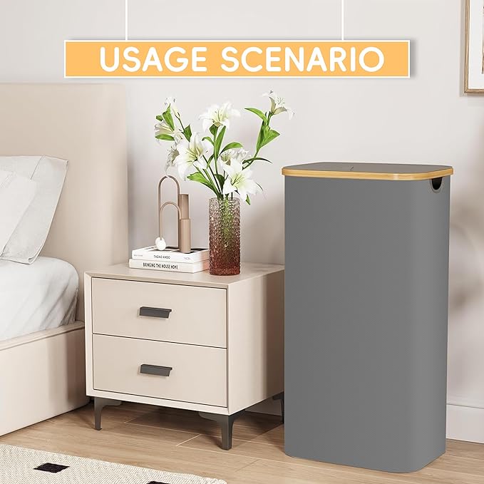 100L Laundry Hamper with Lid,Collapsible Laundry Basket, Dirty Clothes Basket, Storage Case with Bamboo Support - Handles - Removable Inner Bag - 2x Washing Mesh Bags for Bedroom Dorm Bathroom (Gray)